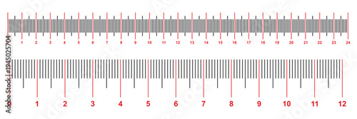 Ruler scales centimeters, inches markup, numbers. Measuring sticks. Distance, height, length measurement, sewing tool black mockup. Measuring chart, metric, imperial units icon template. scale icon. 