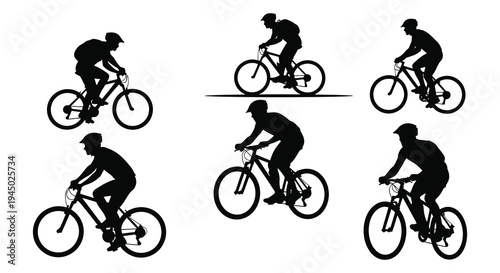 A collection of mountain bikers in various riding positions shown as a striking silhouette high quality