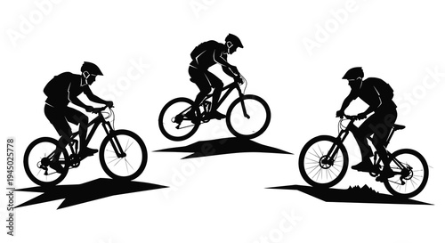 Three mountain bikers in dynamic poses against a mountainous backdrop a striking silhouette high quality professional