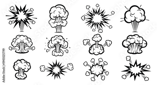 A collection of comic book explosion effects in black and white showcasing dynamic impact silhouette