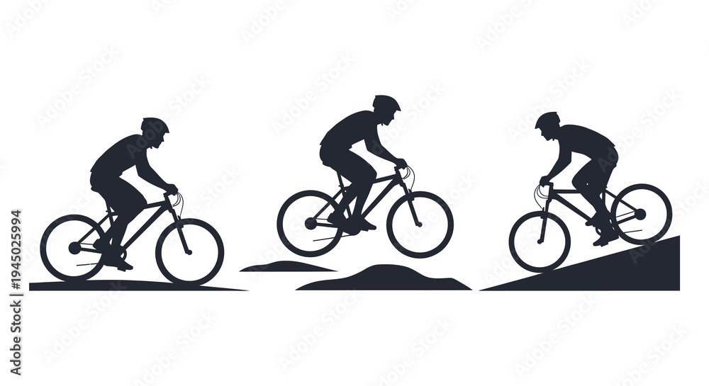 Obraz premium Three mountain bikers ride across varied terrain displaying dynamic action in silhouette high quality professional detailed