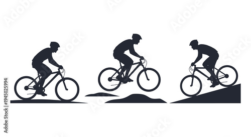 Three mountain bikers ride across varied terrain displaying dynamic action in silhouette high quality professional detailed