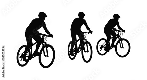 Three cyclists riding mountain bikes in a dynamic formation depicted as a striking silhouette high quality