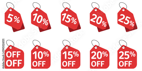 Discount, tag design with percentage savings from 5 to 25, sale promotion labels, shopping price reduction symbols, retail marketing concept, editable vector illustration 