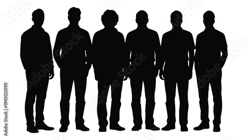 Silhouette of five men standing in a row on white background with identical postures and facial features hidden