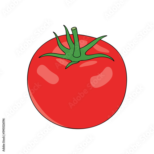 A simple, bright red tomato with green stem and leaves