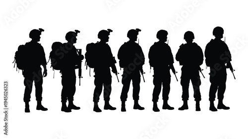 Silhouette of seven soldiers standing in a line with various equipment and weapons
