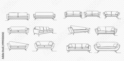 Continuous line drawing of various modern sofas and couches, furniture design elements for living room interior.