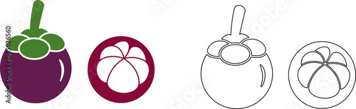 Mangosteen Fruit Icon Set Flat and Outline Tropical Fruit Vector. editable stoke. Isolated on transparent background