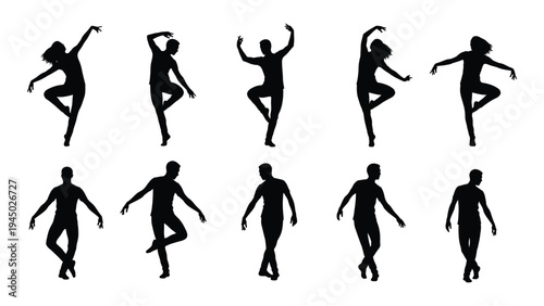 Collection of dynamic dance silhouettes in various poses and positions