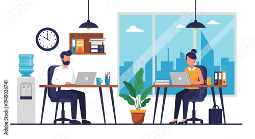 Illustration of two office workers wearing masks and working on laptops at desks in a modern office with a city view.