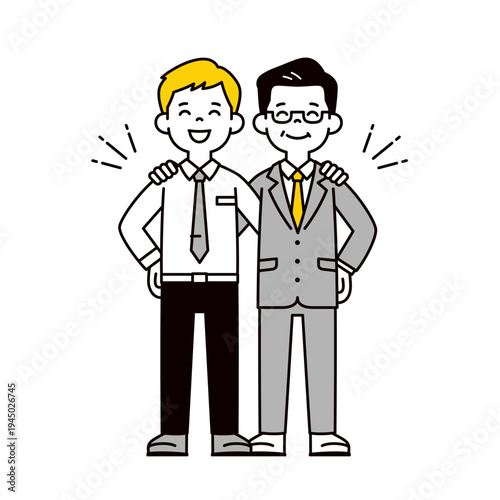 笑顔で肩を組む、若いサラリーマン・男性社員と社長・経営者のシンプルな全身ベクターイラスト素材