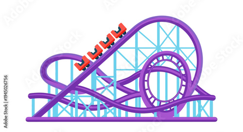 Illustration of a purple rollercoaster with orange seats and blue framework against a white background.
