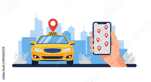 Flat illustration of a hand holding a smartphone with a taxi app in front of a yellow cab and city skyline.