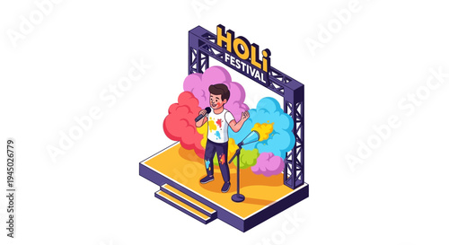 Isometric illustration of a man singing into a microphone on a stage with colorful Holi festival decorations and a sign reading Holi Festival in a vibrant, celebratory setting.