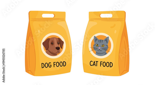 Flat lay of dog and cat food containers on a white background.