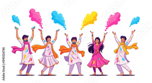Illustration of people celebrating Holi festival with colored powder in a vibrant and joyful spring celebration with Indian cultural traditions.