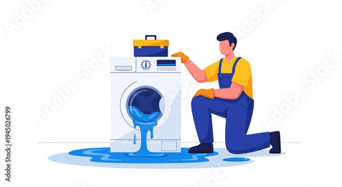 Illustration of a repairman fixing a leaking washing machine with a toolbox