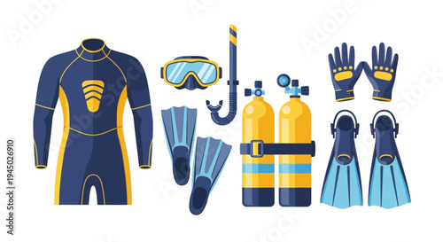 Scuba diving equipment illustration including wetsuit, oxygen tanks, flippers, and mask on a clean white background.