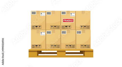 Stack of cardboard boxes on a wooden pallet with labels and a red fragile sticker