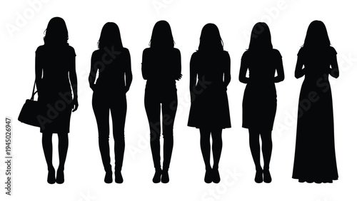 Silhouette of six women in various attire, showcasing different body types and fashion styles