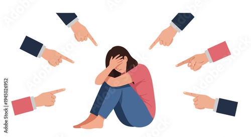 Illustration of a stressed woman sitting surrounded by pointing hands on white background