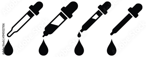 Dropper, pipette icons with liquid drops, serum dispenser and medicine dropper symbols, pharmacy laboratory and cosmetic application concept, clean editable vector illustration.