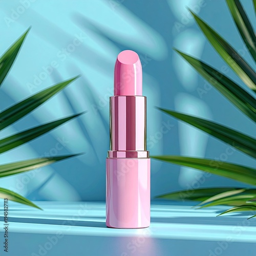 Pink lipstick on blue surface with greenery and shadows