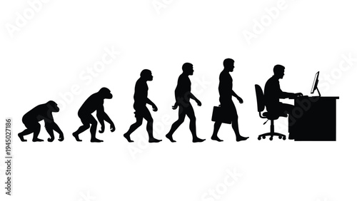 The evolution of humans from primates to modern office workers: a silhouette representation of human progress and adaptation