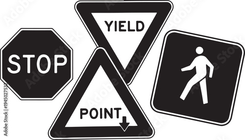 A comprehensive collection of black and white road signs and traffic symbols, including directional arrows, warning triangles, and regulatory octagons and circles.