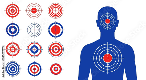Illustration of a human silhouette with a target on the chest and head, surrounded by multiple bullseye graphics in red, white, and blue on a clean white background.