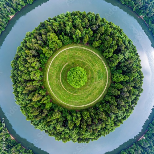 Circular aerial view of a forested island surrounded by water