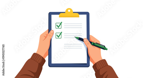 Illustration of hands holding a clipboard with a checklist and pen against a clean white background