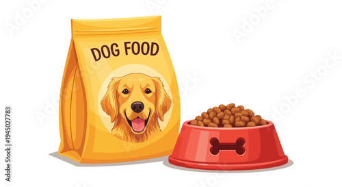 Illustration of dog food bag and bowl on white background