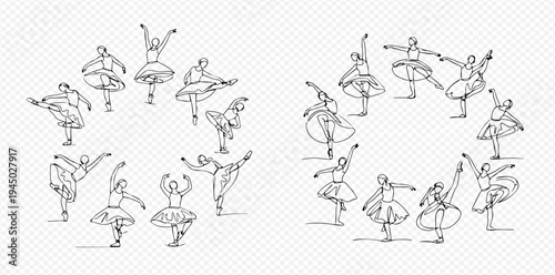 Continuous Line Drawing of Ballerinas Dancing in Various Poses, Graceful Performance Art Vector Illustration.