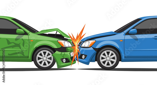 Illustration of a green and blue car crashing into each other with an explosion