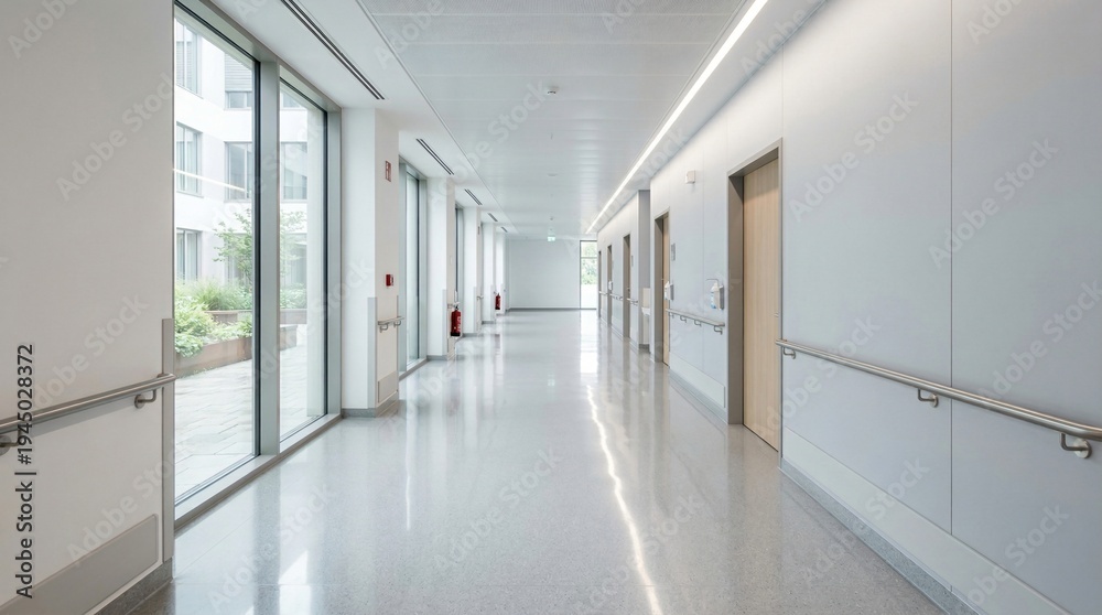 Fototapeta premium Modern hospital corridor with large windows showing green courtyard and doors on the right