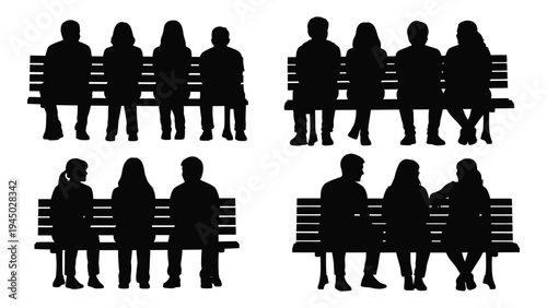 Silhouette illustrations of people sitting on benches in various group configurations