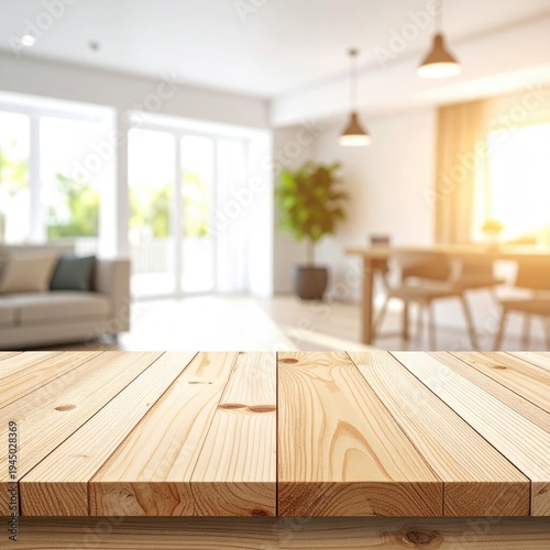 Wooden table foreground with blurred modern living space background