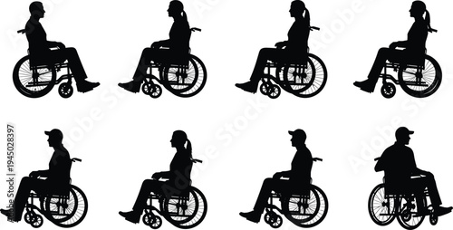 Black, silhouettes, of, men, and, women, sitting, in, wheelchairs, representing, disability, accessibility, mobility, and, inclusion, isolated, on, white, background, flat, vector, illustration, set