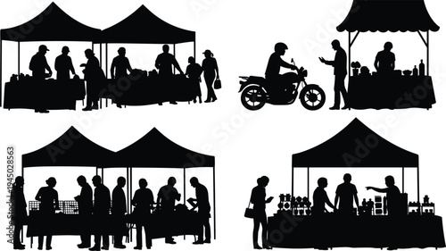 Black, silhouettes, of, people, shopping, at, outdoor, street, market, stalls, with, tents, vendors, customers, and, a, motorcycle, rider, isolated, on, white, background, vector, illustration