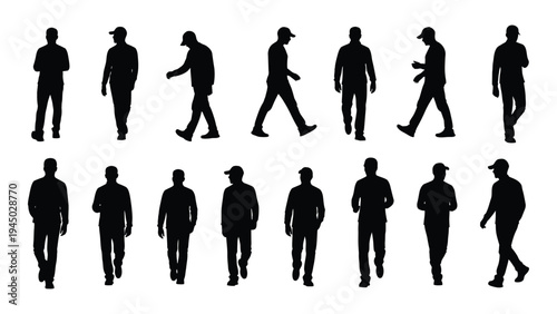 Collection of diverse human silhouettes in various walking postures and positions