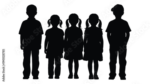 A group of four children standing in a row, depicted in black silhouettes against a white background, conveying a sense of unity and togetherness among kids of different ages and heights