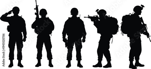 Black, silhouettes, of, soldiers, in, uniform, standing, saluting, and, aiming, with, rifles, and, tactical, gear, isolated, on, white, background, flat, vector, illustration, design