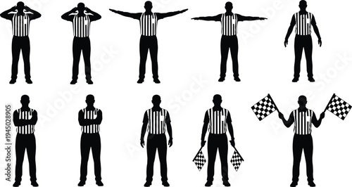 Black, silhouettes, of, sports, referees, and, officials, in, striped, uniforms, performing, various, hand, signals, and, waving, checkered, flags, isolated, on, white, background, vector