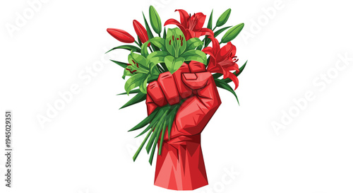 Red Fisted Hand Holding a Vibrant Bouquet of Red and Green Flowers.