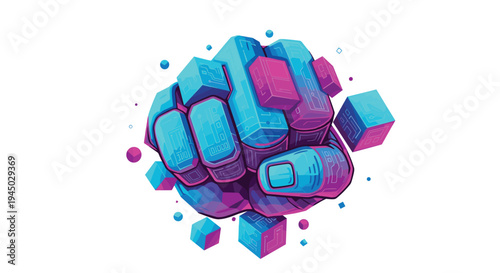 Abstract Digital Fist Power Punch with Geometric Cube Elements.