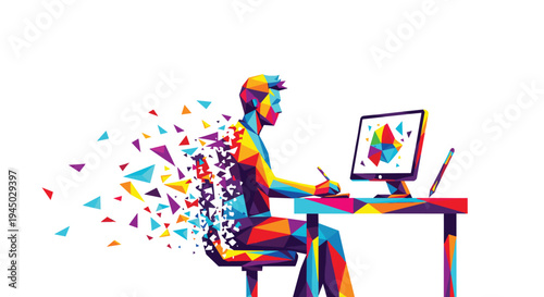 Creative designer working on computer with colorful digital art dispersion.