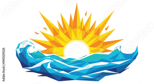 Stylized Sun Rising Over Ocean Waves Geometric Illustration.