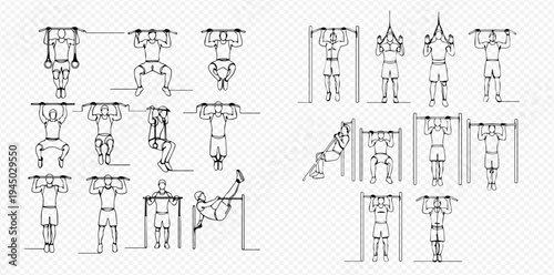 Continuous line drawing of various pull-up and chin-up exercises for fitness and strength training.